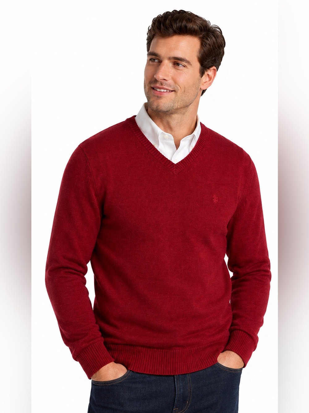 IZOD Mens Small Red V Neck Sweater Cotton Blend Pullover Preppy Logo